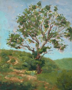 An impressionistic painting of an old tree sitting in front of some small hills
