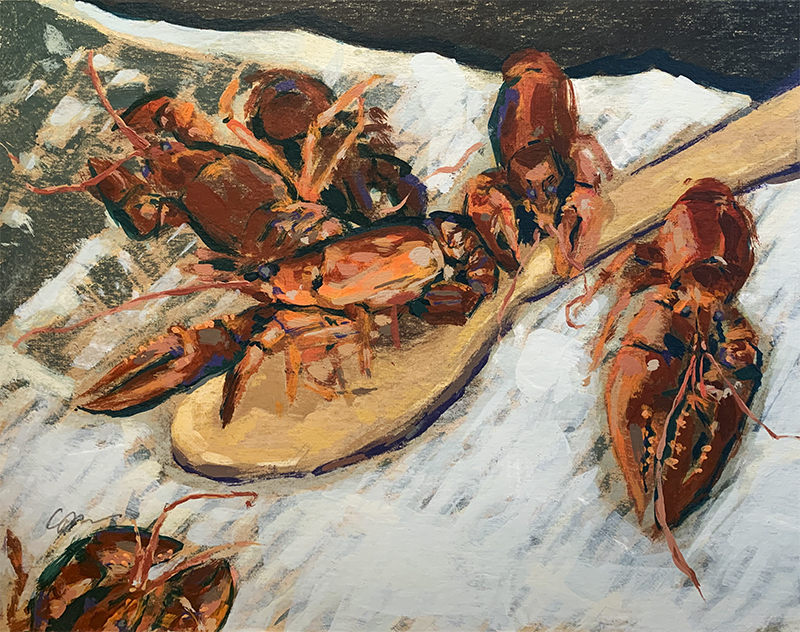 Painterly crawfish and a wooden spoon on a newspaper