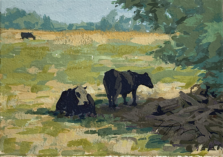 Painting of cows resting in the shade on a hot August day